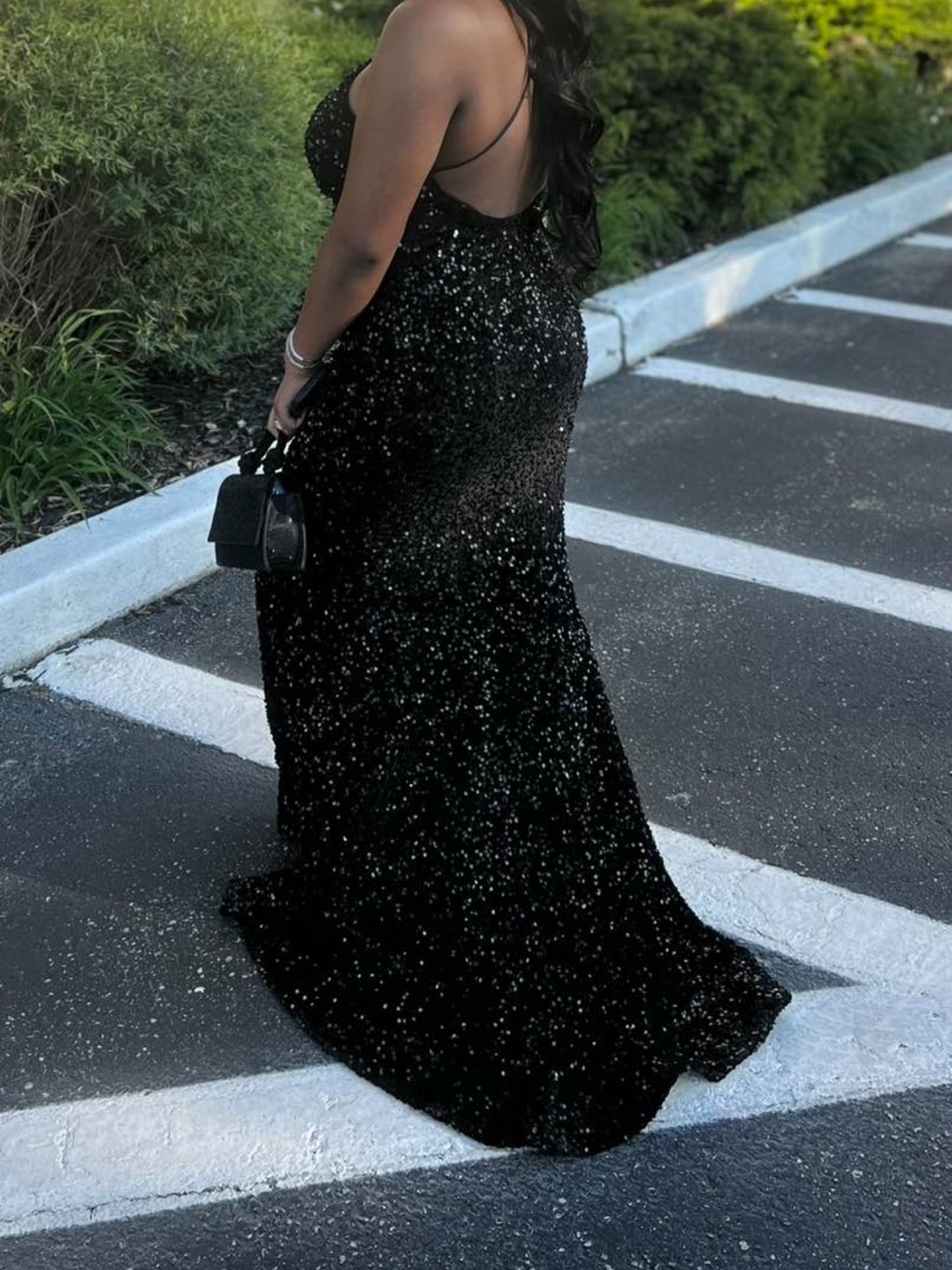 Black Sequin Evening Gown With Low Back